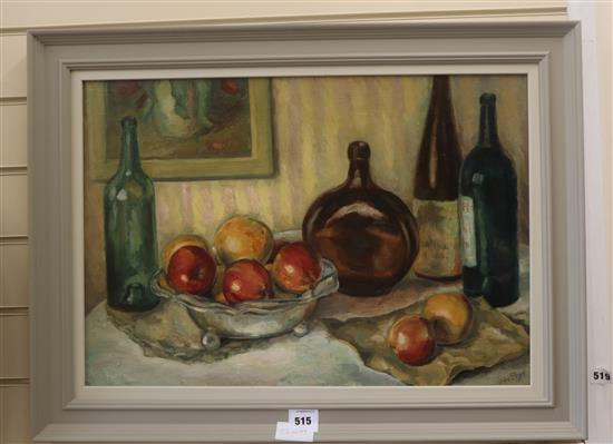 Henryk Gotlib (1890-1966) Still life of fruit and bottles on a table top 42 x 61cm.